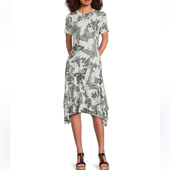 JOHNNY WAS JANIE BUTTERFLY HANDKERCHIEF HEM MIDI DRESS BLACK CREAM SIZE MED NWT - Picture 12 of 13